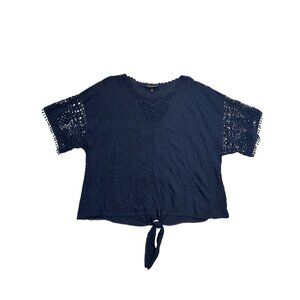Lane Bryant Blouse Womens 18/20 Plus Blue Navy Tie-Front Embroidered‎ Lace
